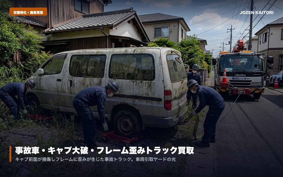 事故車・キャブ大破トラックの査定基準｜フレーム歪みでも高価買取 / エンジン・ミッション・アクスルの部品価値で他社下取りを圧倒