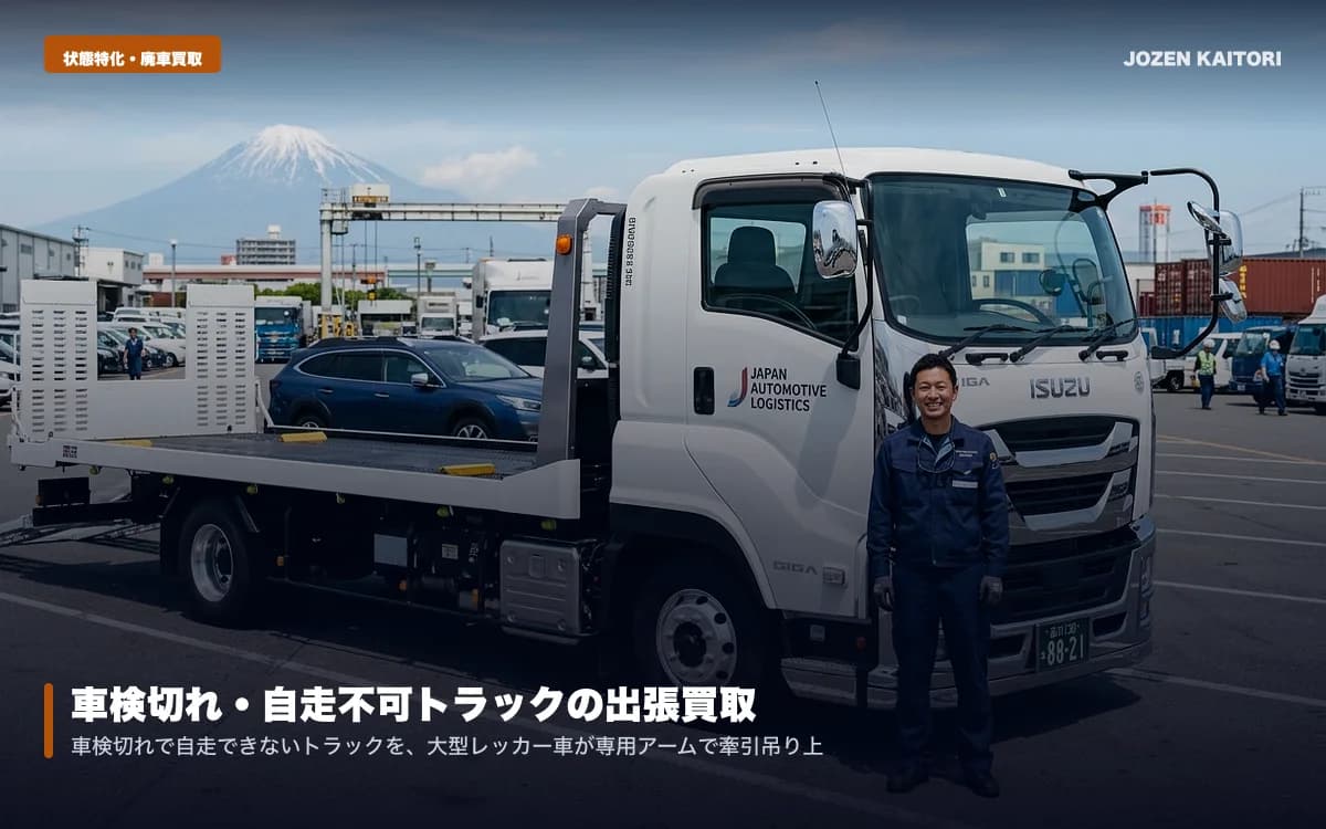 車検切れ・放置トラックの引き取り手続き｜仮ナンバー不要・完全0円 / 自社積載車で私有地や畑から直行引き取り・面倒な抹消登録を無料代行