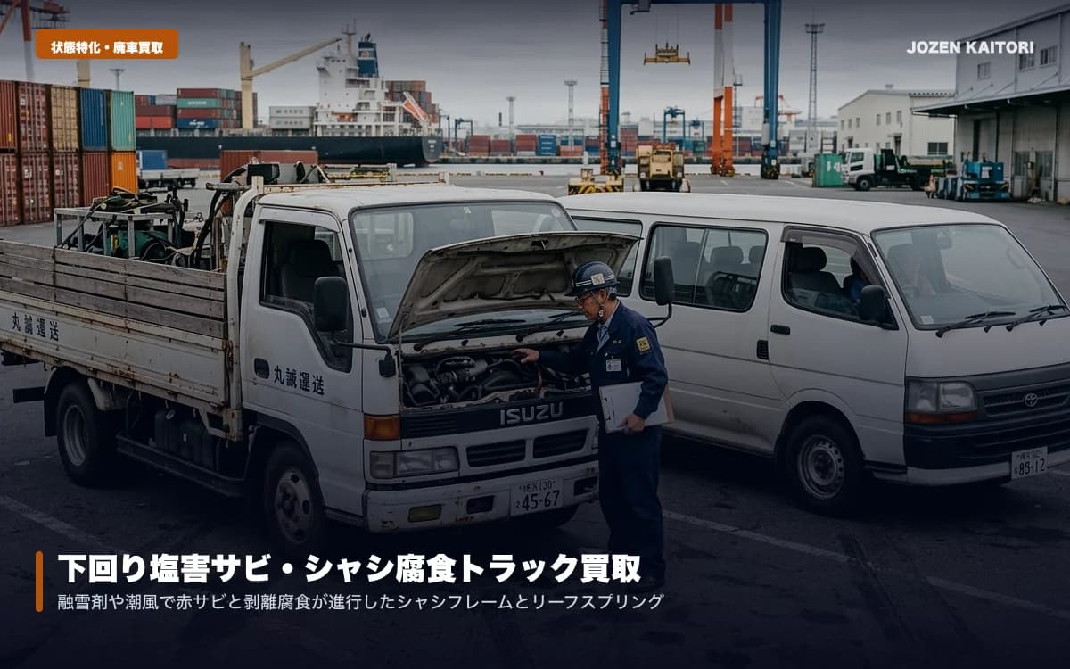 下回りサビ・塩害腐食トラックの売却術｜フレーム腐食車の査定 / 融雪剤や潮風で穴あきシャシーも輸出用ベアシャシーとして評価