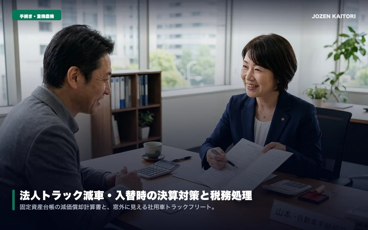 法人車両の減車・事業縮小に伴うトラック一括売却｜節税効果と決算 / 複数台の一括出張査定と帳簿残存価格に応じた最適売却時期をアドバイス