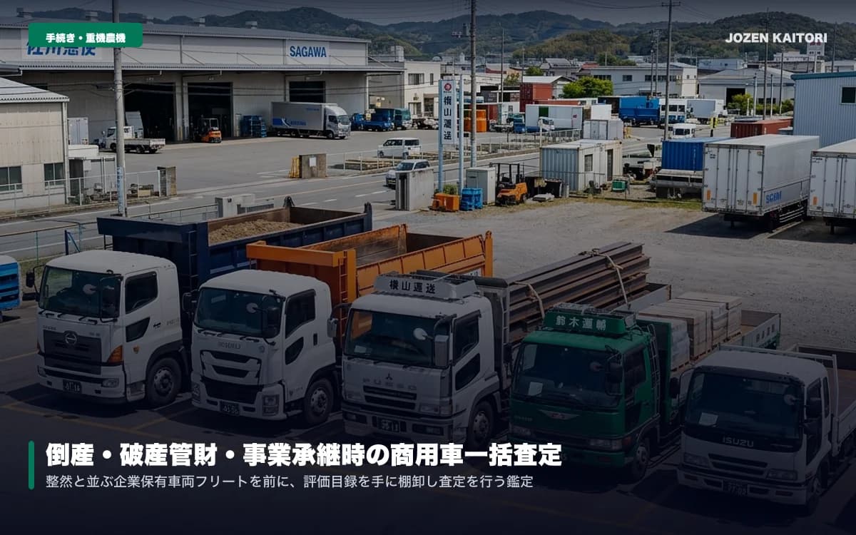 倒産・破産管財・事業承継時の商用車一括査定｜弁護士向けワンストップ / 複数拠点の一括現地棚卸し・評価鑑定書発行・即日現金化の実務マニュアル