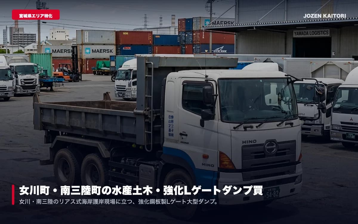 女川・南三陸町の冷凍車・重機買取｜三陸沿岸の現場直行査定 / 水産加工冷凍車や港湾土木バックホウを三陸道経由で即日無料出張
