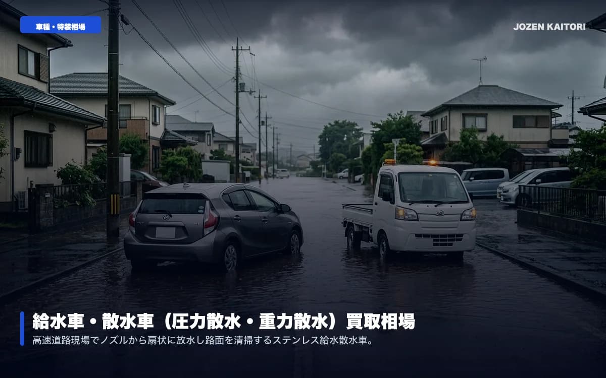 給水車・散水車の買取相場と海外査定基準｜ステンレス製タンク需要 / 前後散水パイプ稼働状態と飲料水給水車の国際インフラ需要を解説