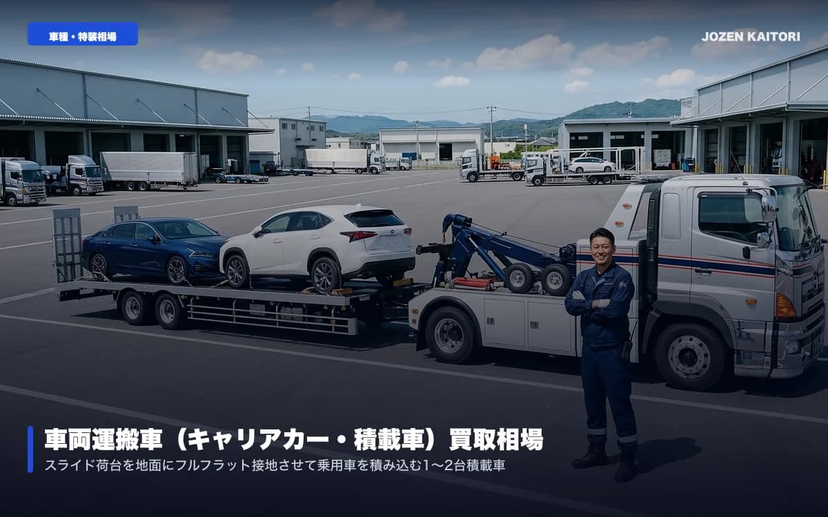 キャリアカー（車両運搬車）の買取相場｜フロア昇降式の査定ポイント / タダノ・極東製1台〜5台積み油圧スライドデッキの適正査定を解説