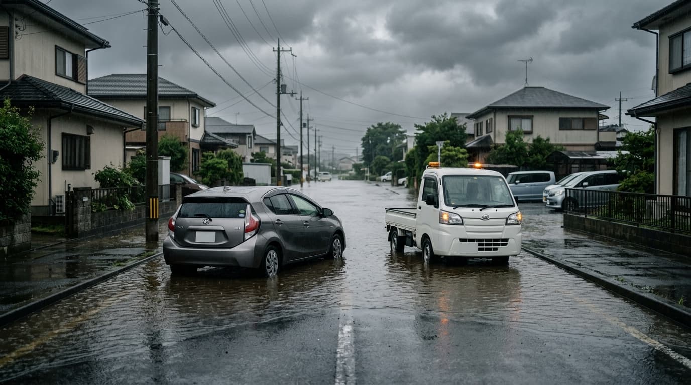 豪雨による道路冠水と水没立ち往生車両のトラブル