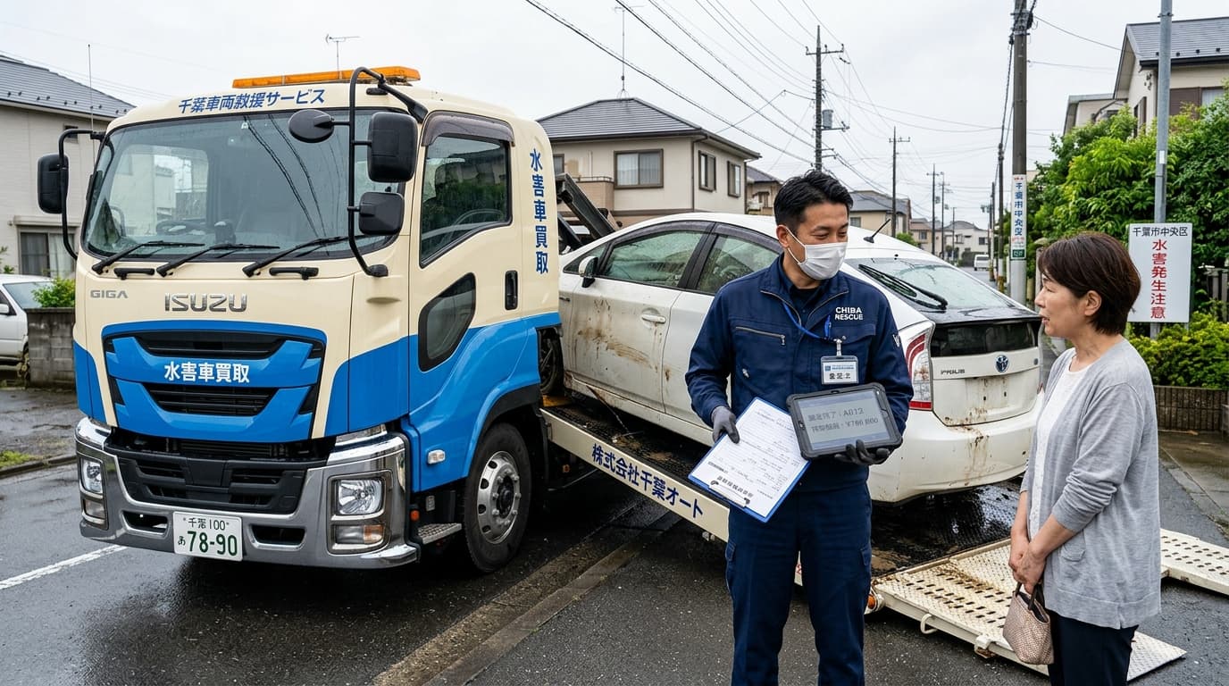 水没車・被災車両の安全な無料レッカー引取と現地査定イメージ