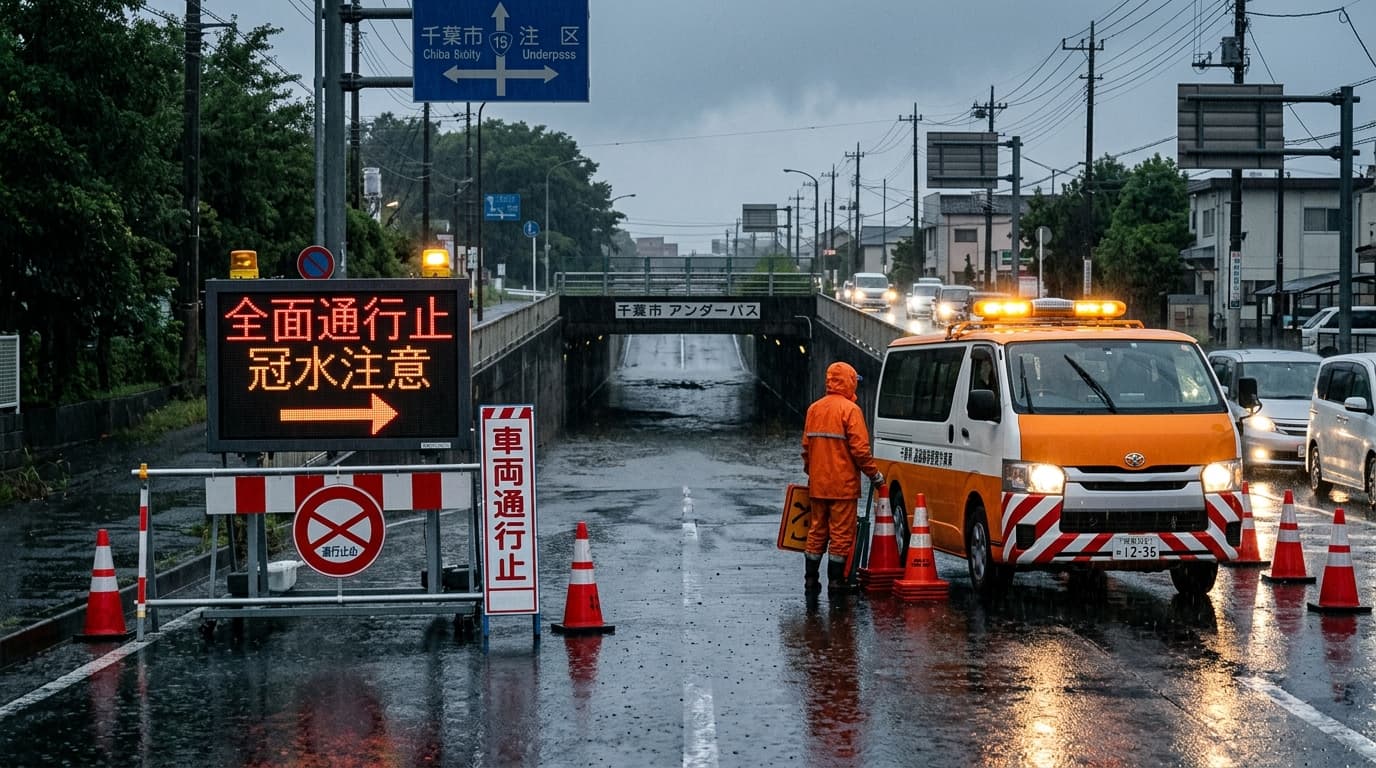千葉市中央区 国道16号村田町アンダーパス 全面通行止冠水注意の電光掲示板と遮断ゲート