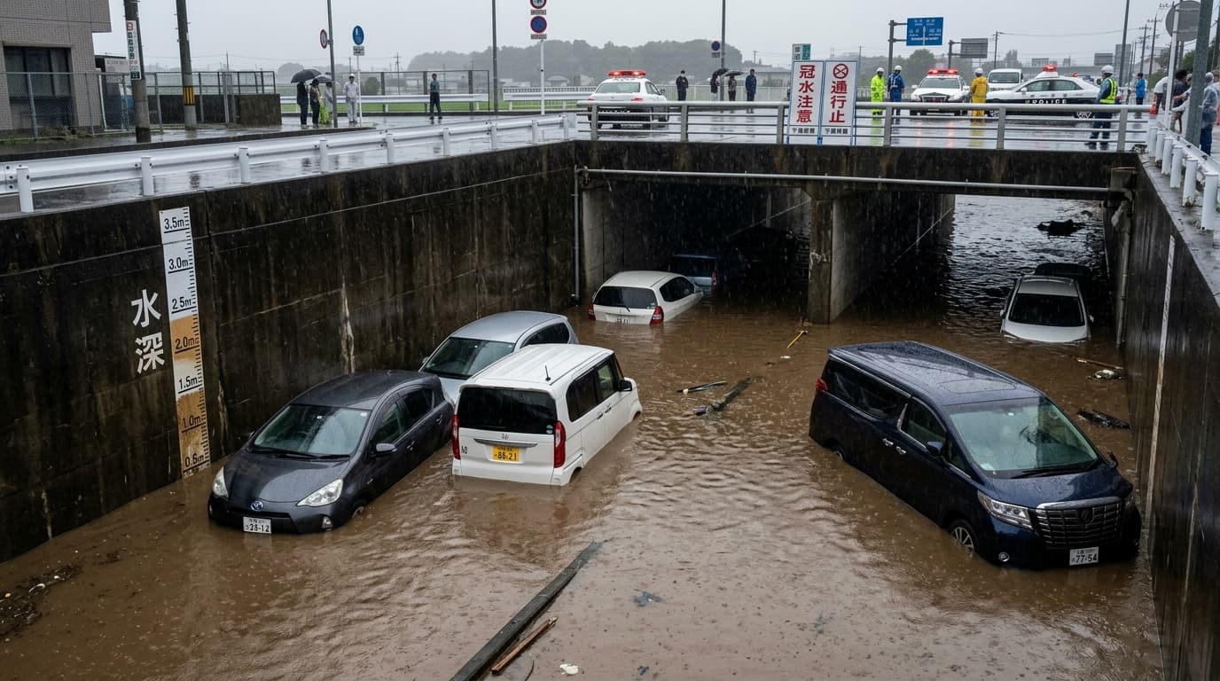 千葉県内アンダーパス冠水現場 水深表示と水没した立ち往生車両・現地検証