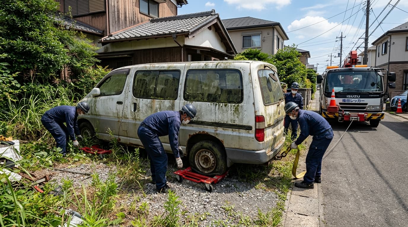 タイヤパンク・放置車両の特殊ドーリー搬出と廃車買取